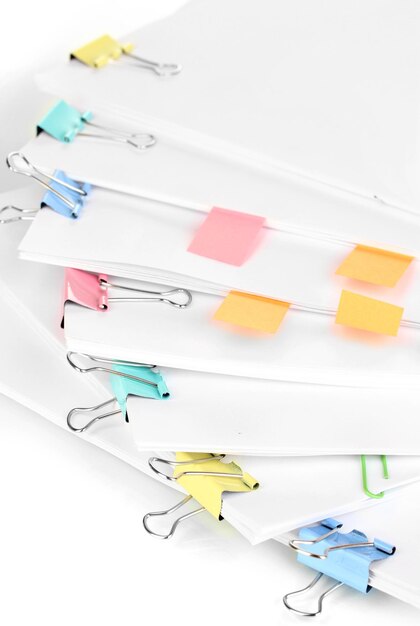 Documents with binder clips close up