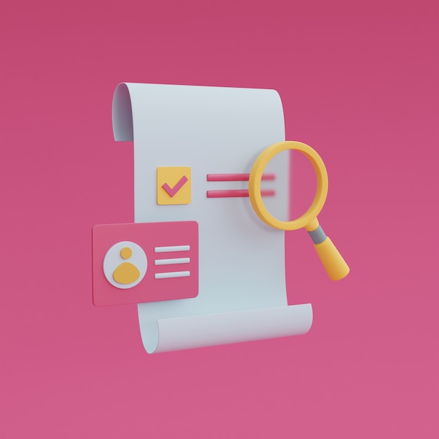 Documents with magnifying glass isolated on pink background