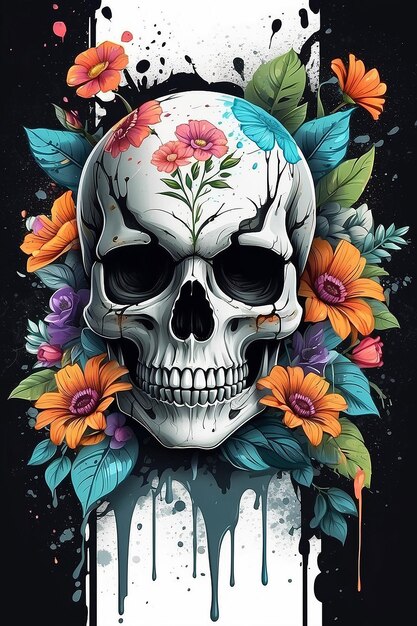 Dode schedel gezicht illustratie met bloemen splash en natuur elementen2