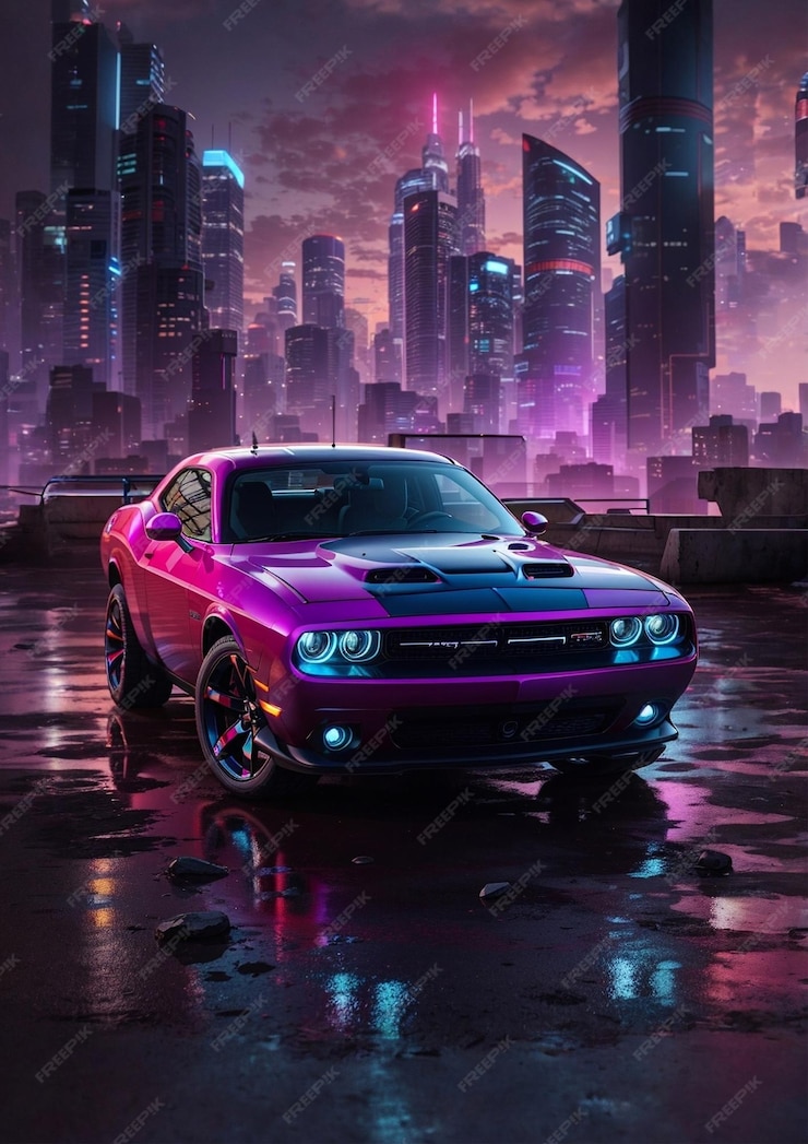 Premium AI Image | dodge challenger in a cyber punk landscape