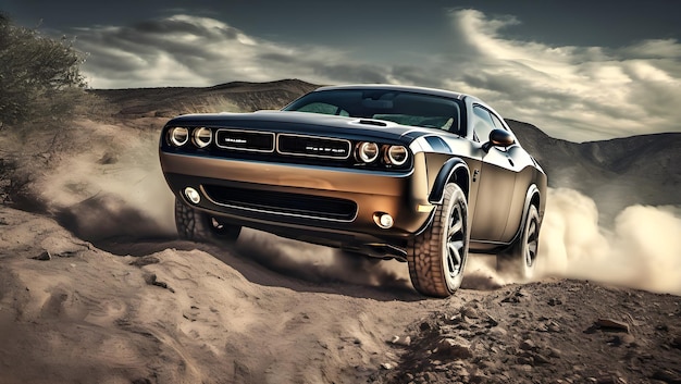 도지 린저 (Dodge Challenger) 는 한 지형에서 미묘하게 항해하며, 축이 구부러져 수용됩니다.