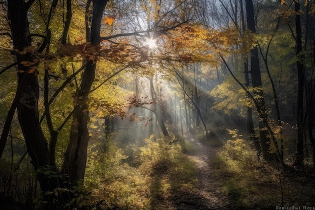 生成 AI で作成された森林の樹冠を通る葉や太陽光線を避ける
