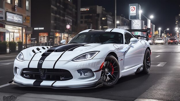 a dodge viper in glowing night street