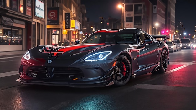 a dodge viper in glowing night street