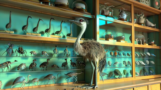 Photo a dodo bird stands in front of a wooden cabinet filled with various insects and other creatures