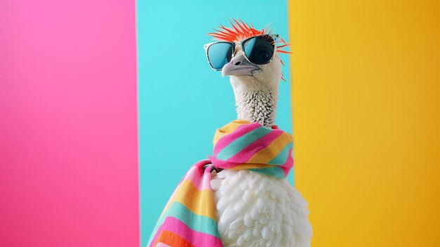 Photo dodo bird sunglasses and scarf in studio with colorful and bright background generative ai