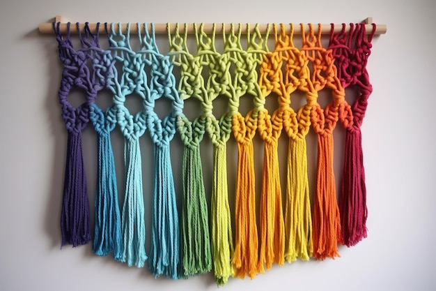 Doe-het-zelf macramé wanddecoratie in boho-stijl, kleurrijk interieur Generatieve AI