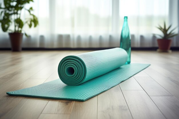 Doe yoga in de kamer met een opgerolde mat water