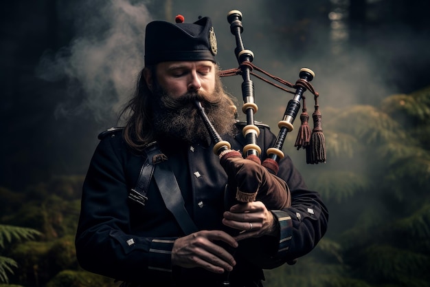 Foto doedelzak muziek man portret buiten natuur uniform rok speler persoon genereer ai