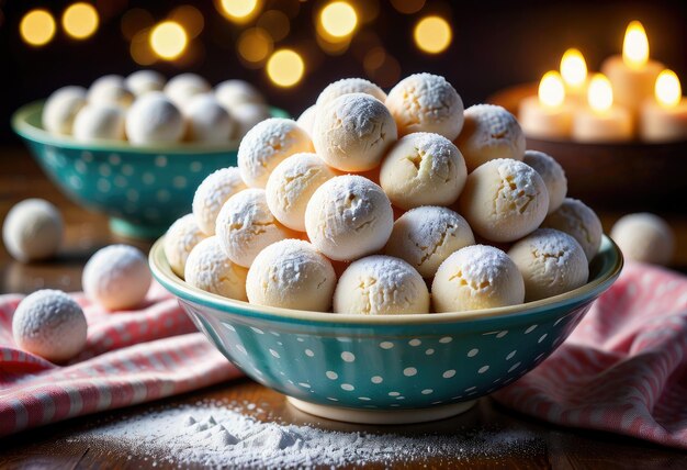 Doegballen met suikerpoeder in een polka dot schaal stralen een gezellige vakantie uit.