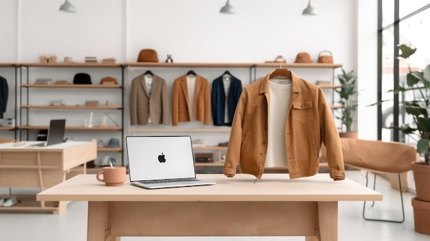 Doekwinkel met bureau en computerachtergrond