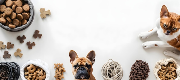 Photo dog accessories copy space dog sitting among a pile of dog treats