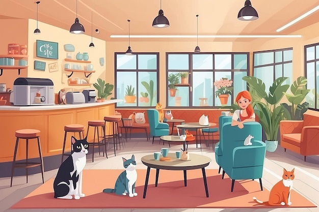 写真 犬と猫に優しいカフェのインテリアと家具と設備 ペットを持つ漫画の女性