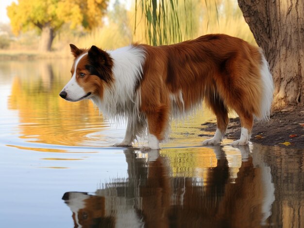 写真 静かな池に映る犬とその姿