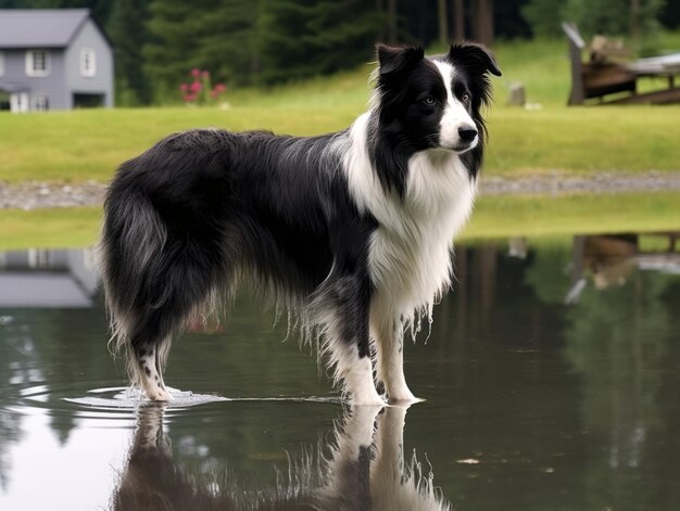 사진 침착 한 연못 에 있는 개 와 그 의 반사