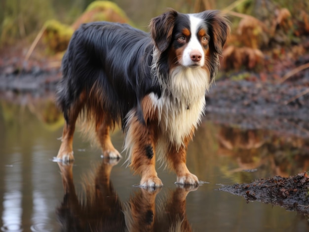 写真 静かな池に映る犬とその姿