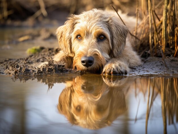 写真 静かな池に映る犬とその姿