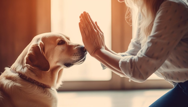 写真 犬と飼い主の女性と犬 犬を持つ女性