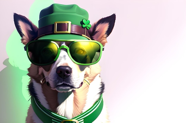Собака Животное в зеленой шляпе на день Патрика С Днем Святого Патрика фоновый баннер с копией пространства Generative AI