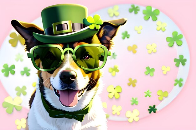Foto cane animale in cappello del giorno di patrick verde banner di sfondo felice giorno di san patrizio con spazio per la copia ia generativa