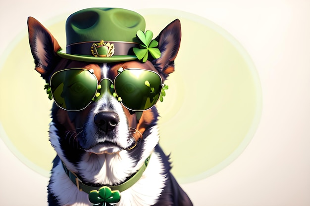 Dog Animal in Green Patrick's day hat Happy St patricks day background banner with copy space Generative AI