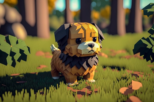 犬、3D 立方体で作られた動物、ビデオ ゲーム用のボクセル イラスト、または Generative AI テクノロジーで作成された 3D アニメーションと VFX スタジオのイラスト
