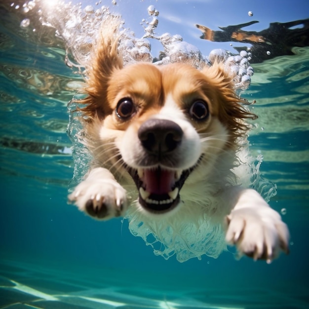 Foto il cane sta nuotando nella piscina estiva