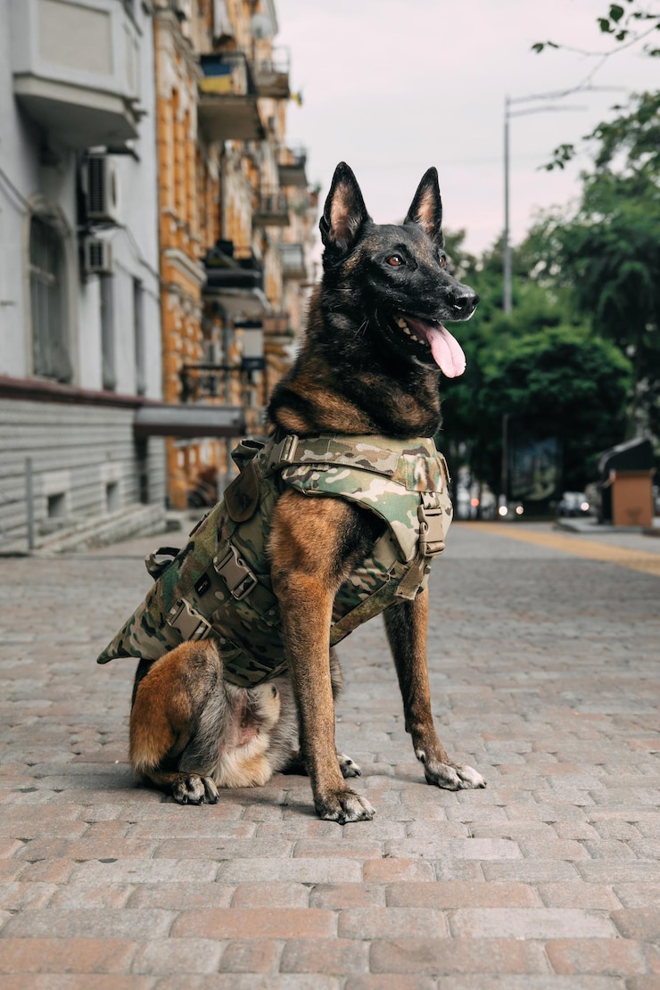 Фотография собачья броня собака в пуленепробиваемой жилете бельгийская овчарка малинойская собака