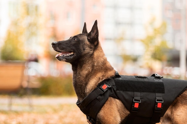 개 갑옷. 방탄 조끼를 입은 개. 벨기에 셰퍼드 Malinois 초상화 야외. 일하는 개. 구아르