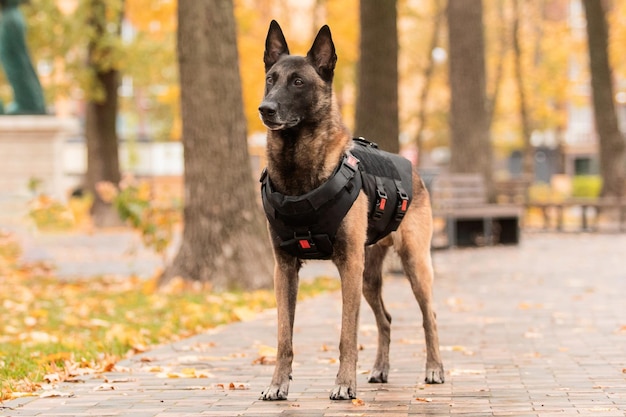 Dog armor. Dog in a bulletproof vest. Belgian Shepherd Malinois portrait outdoor.  Working dog. Guar