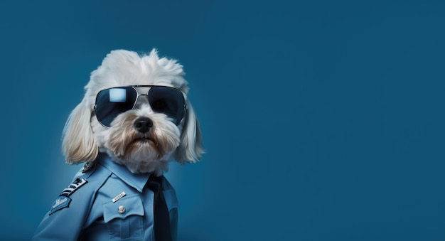 dog as a security officer or policeman wearing a police cap sunglasses and a uniform shirt G