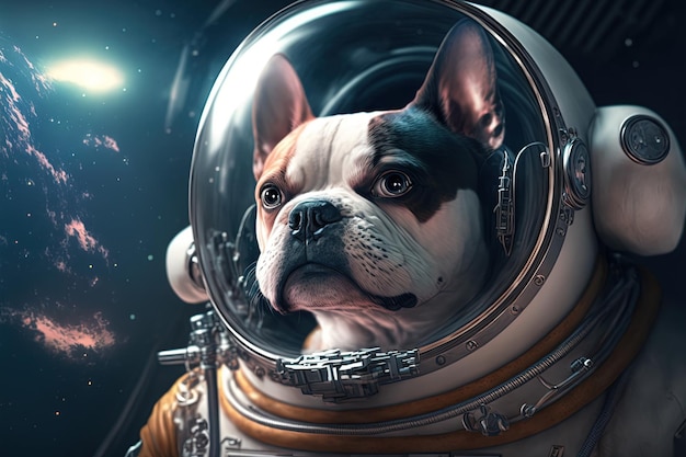 宇宙飛行士の衣装を着た犬、宇宙犬、コミック。 3 d レンダリング