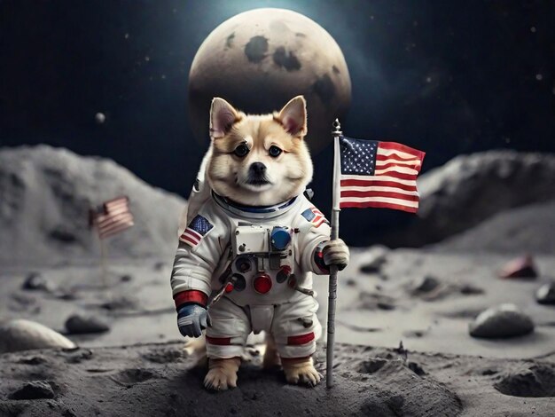 Photo a dog astronaut holding an american flag standing on moon surface science fiction