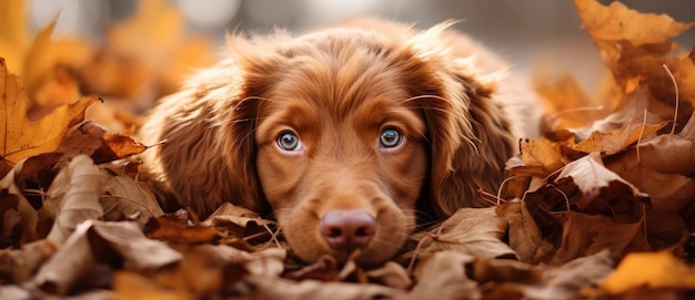 Dog in autumn leaves background