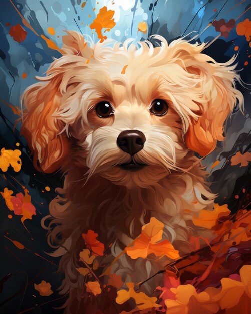 Dog in Autumn Leaves Painting