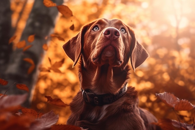 A dog in the autumn leaves