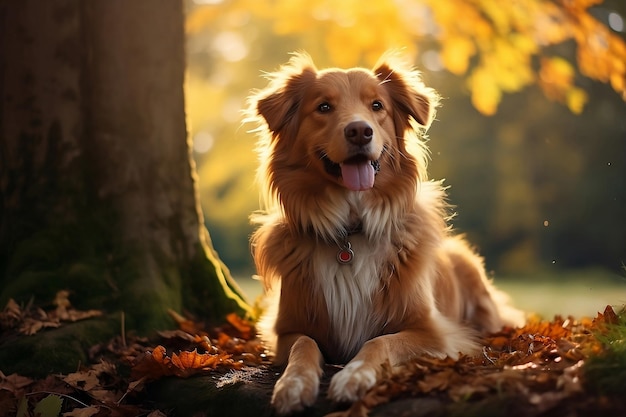 Dog in autumn park under tree