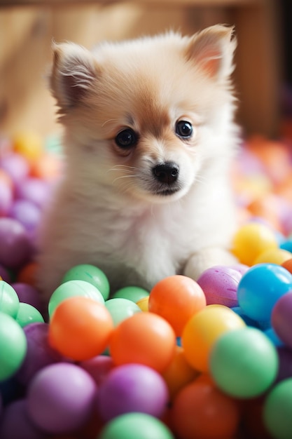 A dog in a ball pit