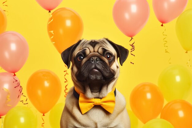 개와 풍선 생일 축하 또는 휴가 개념 Generative Ai