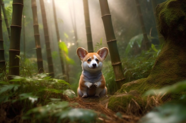 霧の背景を持つ竹林の中の犬