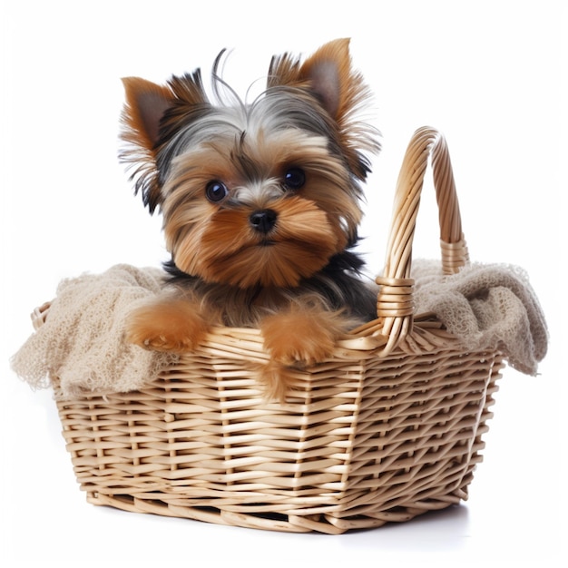 A dog in a basket that says yorkshire terrier.