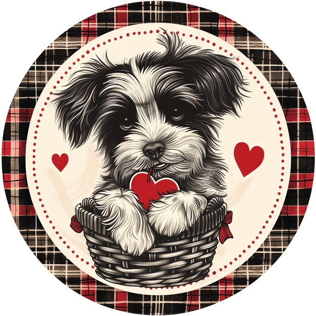 Photo a dog in a basket with hearts on it