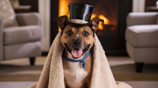 Photo a dog in a bath towel or a hat funny american stafford