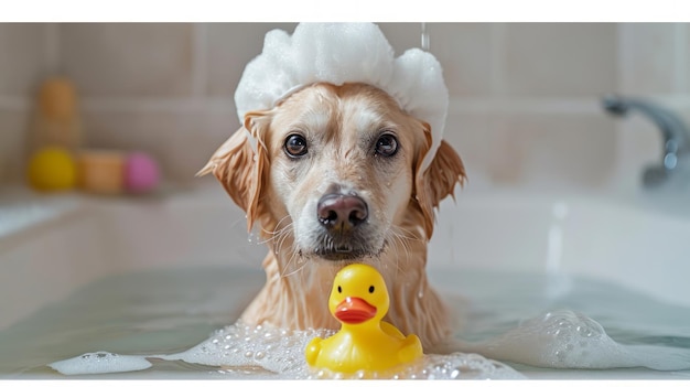 Фото Собака купается в ванне с резиновой игрушкой-уткой