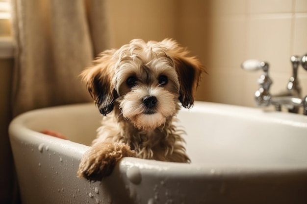 「犬」という文字が書かれたバスタブの中の犬