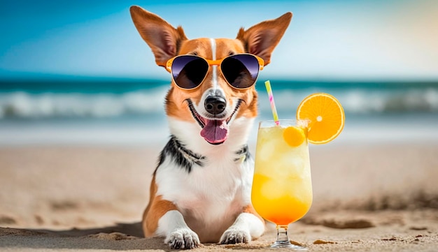 The dog on the beach lies in a hammock with a cocktail smiles happy in sunglasses Generative AI