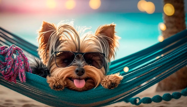 Il cane sulla spiaggia sdraiato su un'amaca con un cocktail sorride felice con gli occhiali da sole generative ai