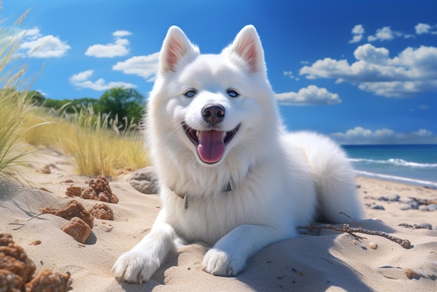 Dog on the beach smiling at the camera