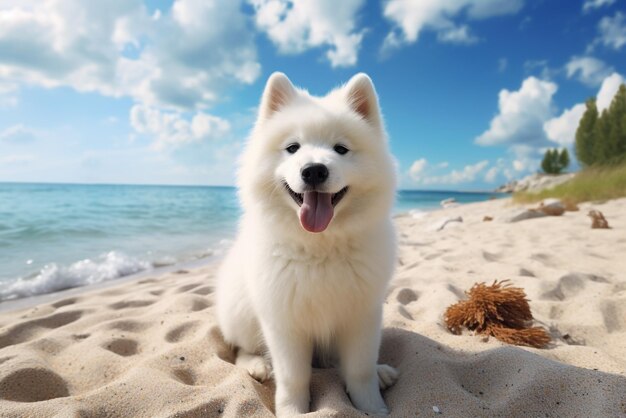 Dog on the beach smiling at the camera