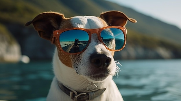 Dog on the beach in sunglasses Generative AI